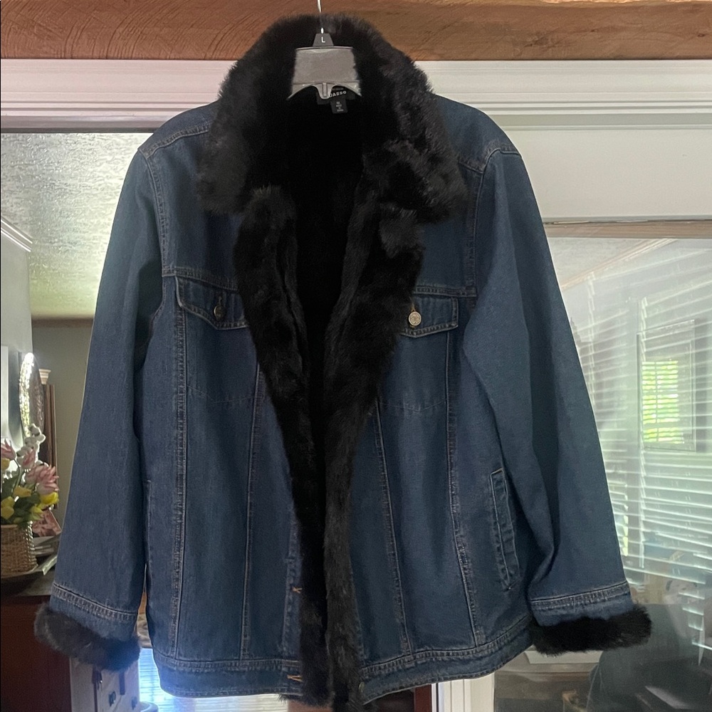 dennis basso coat Blue Denim with Black Faux Fur Trim